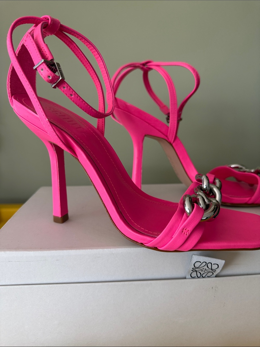 SCHUTZ Hot Pink Chain-Detail Stiletto Sandals